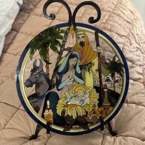 Vtg Rare Handpainted Joan Baker Design Circular Stained Glass Nativity Religious